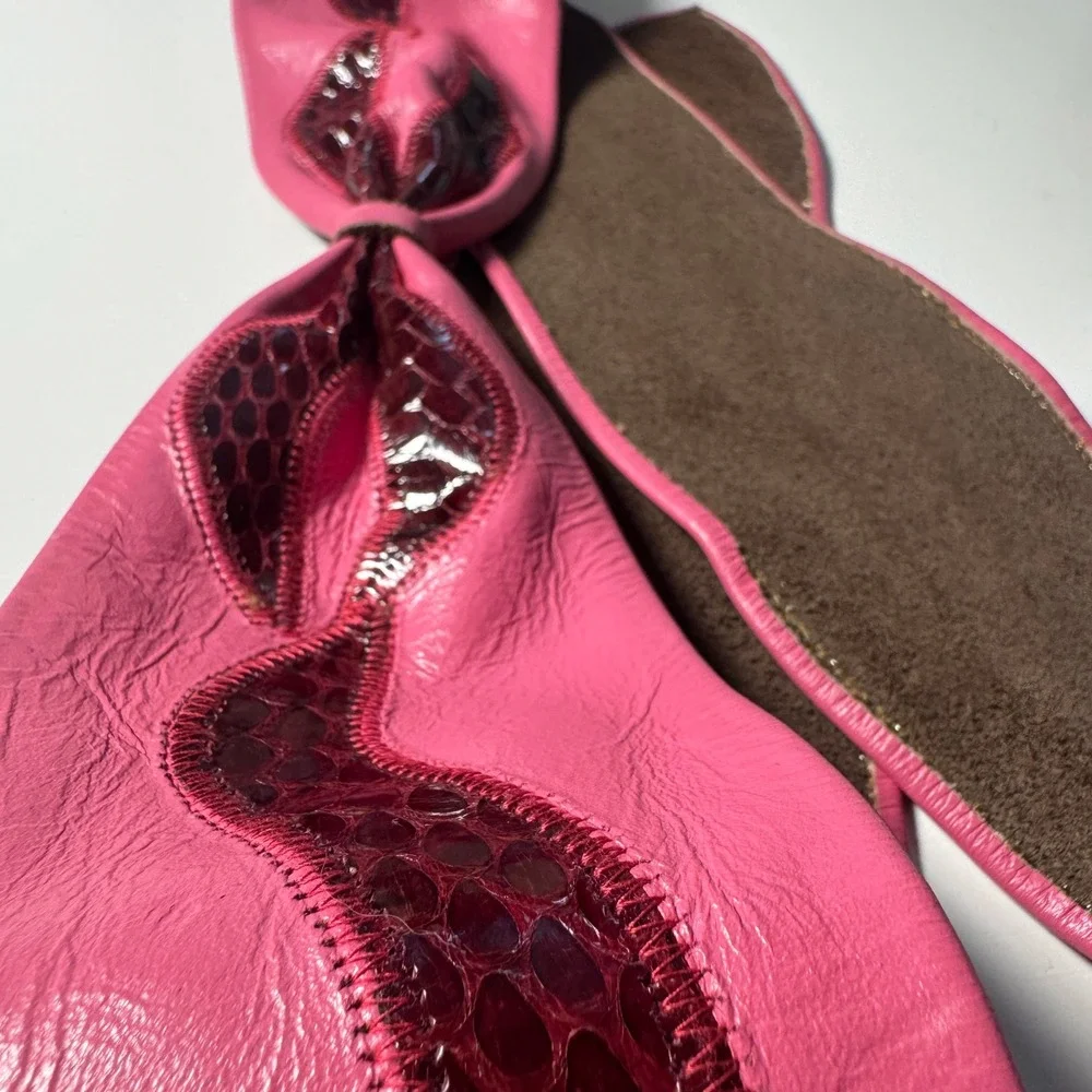 Vtg 80s Pink Leather Wrap Obi Belt Burgundy Snakeskin Embossed Bow Maximalist
